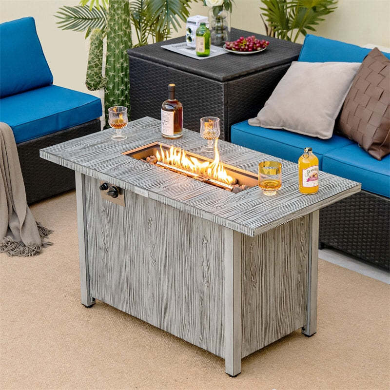 43" Rectangular Propane Fire Pit Table 50,000 BTU Outdoor Gas Fire Table with Wood Grain Tabletop, Metal Lid, Lava Rocks & Waterproof Cover