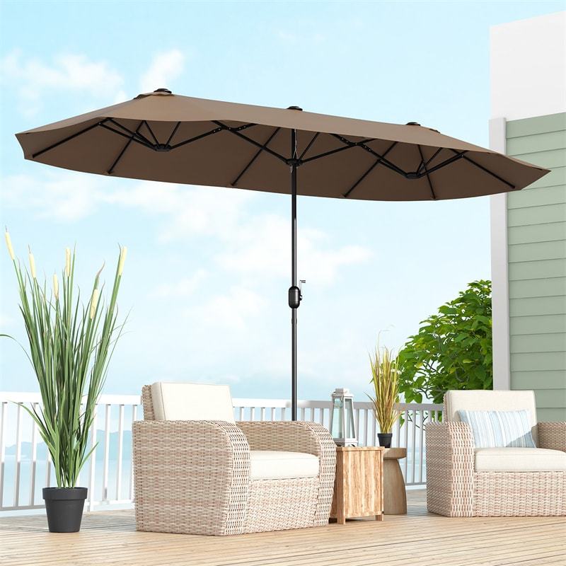13FT Double-Sided Patio Umbrella, Extra Large Twin Market Umbrella with Base, Crank Handle, Safety Lock, Vented for Poolside, Deck, Backyard