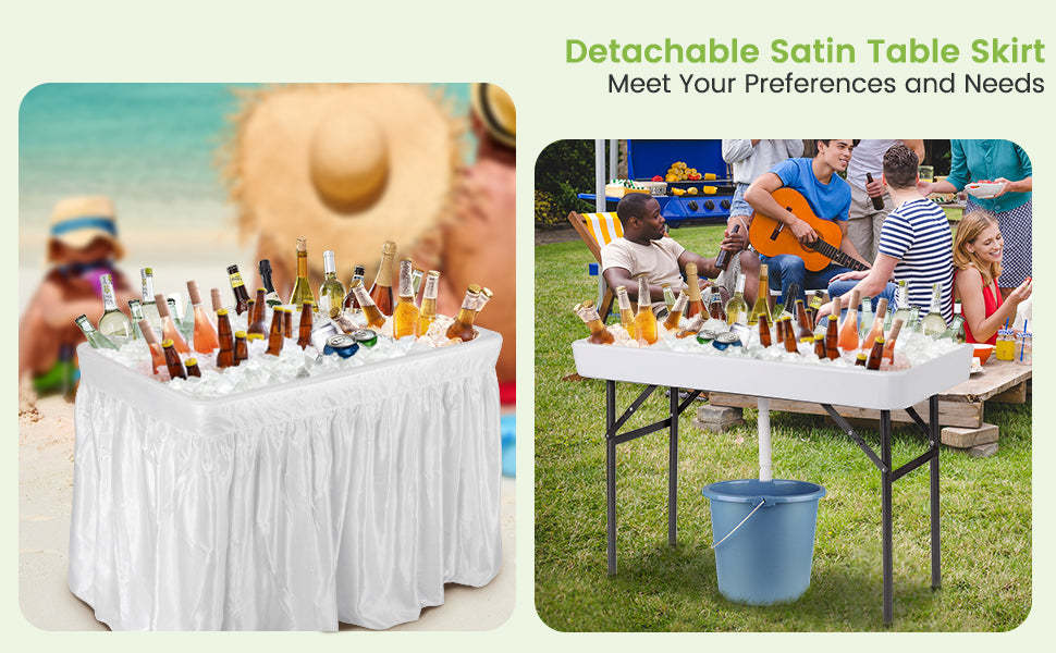 4 FT Folding Ice Cooler Table with Removable Matching Skirt & Drain Hose, Patio Foldable Beverage Cooler Table