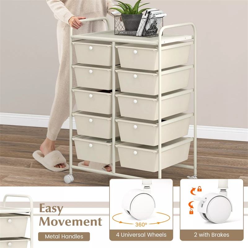 10 Drawer Rolling Cart, Storage Cart Organizer with Wheels, Mobile Utility Cart for Classroom, Office, Home, Craft, Art, Paper, Salon