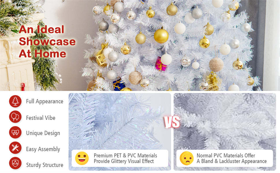 8ft White Iridescent Tinsel Artificial Christmas Tree with 1636 Branch Tips