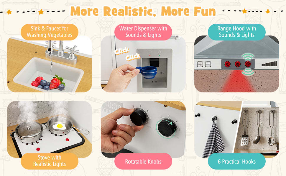 Kids 2-Piece Kitchen Playset Little Chef Wooden Modular Play Kitchen Toy Set with Movable Stool & Coffee Maker