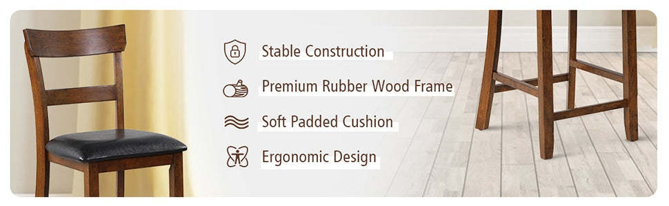 Rubber Wood Bar Stools Set of 2 25.5" Counter Height Dining Chairs with Leather Cushioned Seats & Backrests for Kitchen Living Room