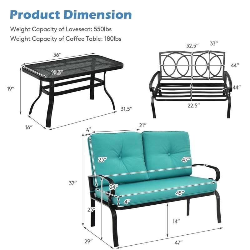 2 PCS Patio Loveseat Bench Table Furniture Set Cushioned Chair Turquoise