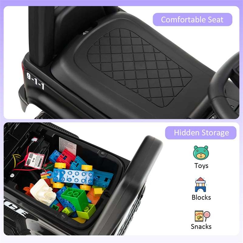 6V Electric Ride on Police Car 2-in-1 Toddler Push Car with Megaphone Siren Under Seat Storage