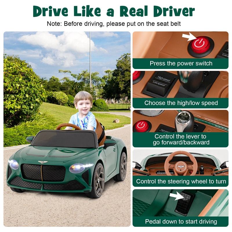 12V Kids Ride-on Car, Licensed Bentley Bacalar Electric Vehicle with Remote Control, LED Lights, Wireless Connection & Sound for 3+ Years Old