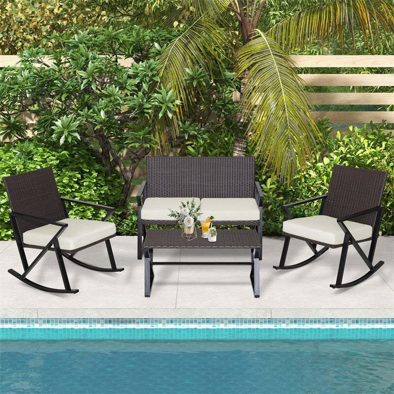 4PCS Wicker Rocking Patio Furniture Set Heavy Duty PE Rattan Outdoor Rocking Chairs Set with Cushions, Loveseat & Coffee Table for Porch Balcony