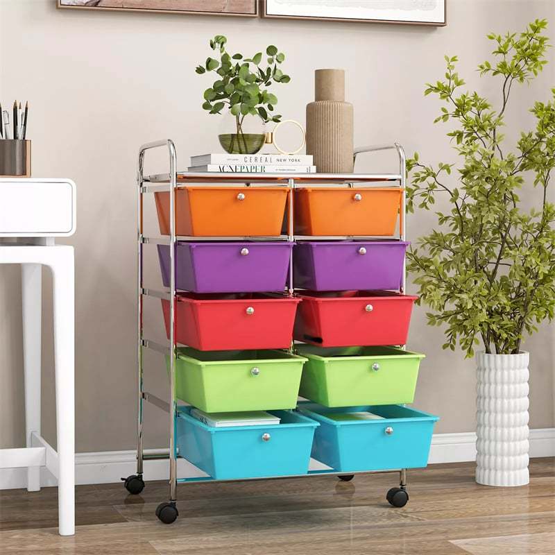 10 Drawer Rolling Cart, Storage Cart Organizer with Wheels, Mobile Utility Cart for Classroom, Office, Home, Craft, Art, Paper, Salon