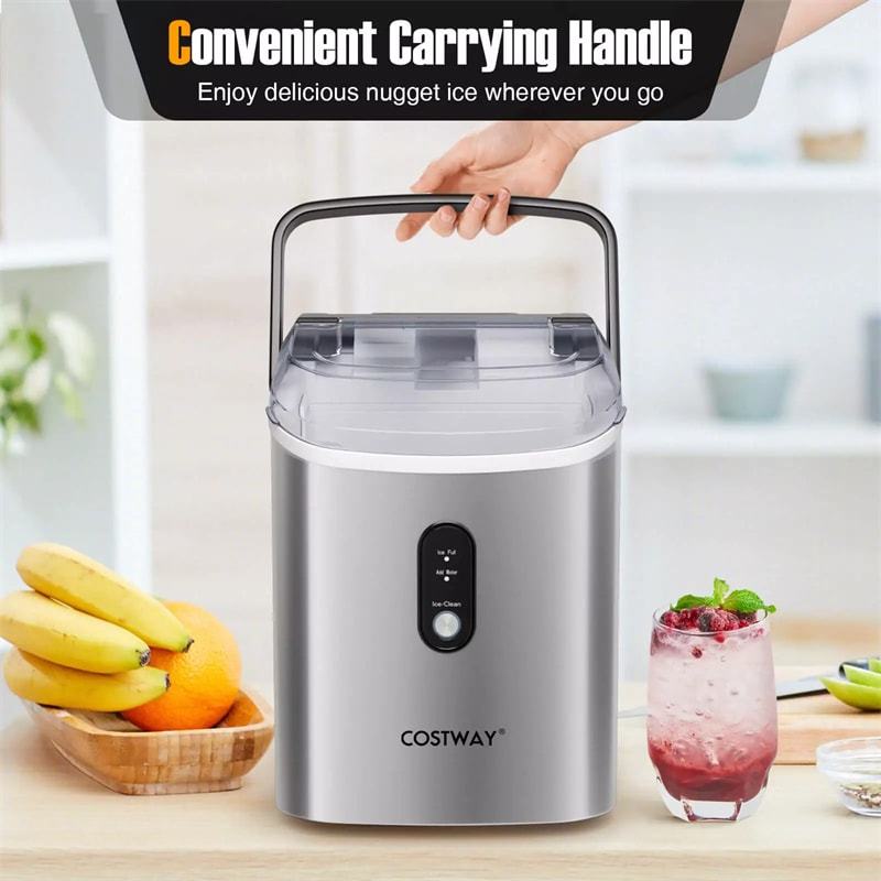 Countertop Nugget Ice Maker, 34lbs/24H Portable Ice Machine with Soft Chewable Pellet Ice, Ready in 6 Mins, Self-Cleaning, Ice Basket & Scoop