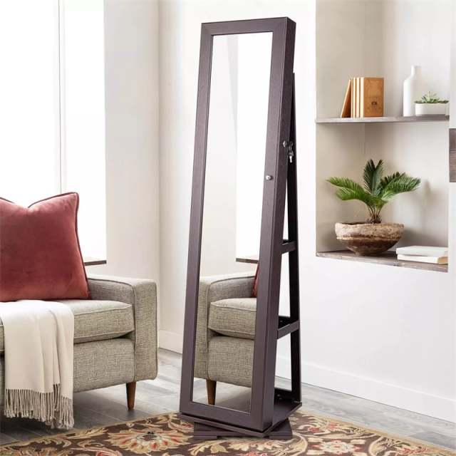 360° Swivel Jewelry Cabinet Armoire with Full Length Mirror & Rear Storage Shelves, Standing Lockable Jewelry Organizer Inside Makeup Mirror
