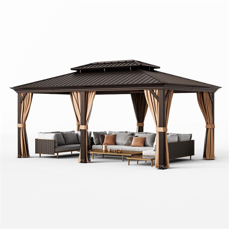 12' x 20' Double-Roof Hardtop Gazebo Outdoor Galvanized Steel Roof Gazebo Aluminum Frame Permanent Gazebo Backyard Pavilion with Curtains & Netting