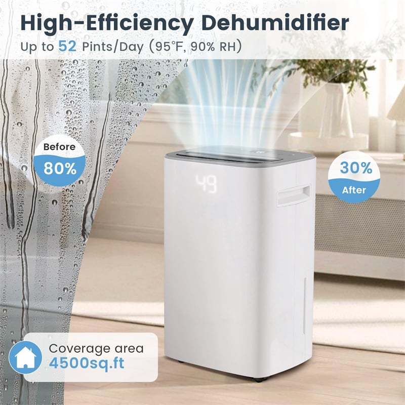 52 Pint Dehumidifier for Basement, 4500 Sq.Ft Portable Dehumidifier with Drain Hose, 24H Timer, Auto Defrost & Clothes Drying Mode for Bedroom Garage