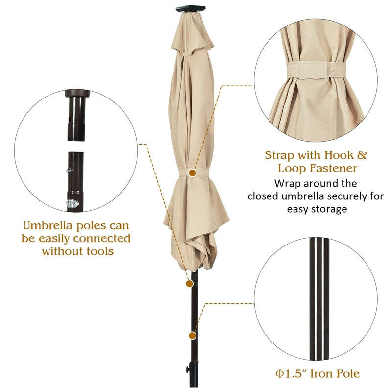 9' Solar LED Lighted Patio Market Umbrella Shade with Tilt Adjustment Crank