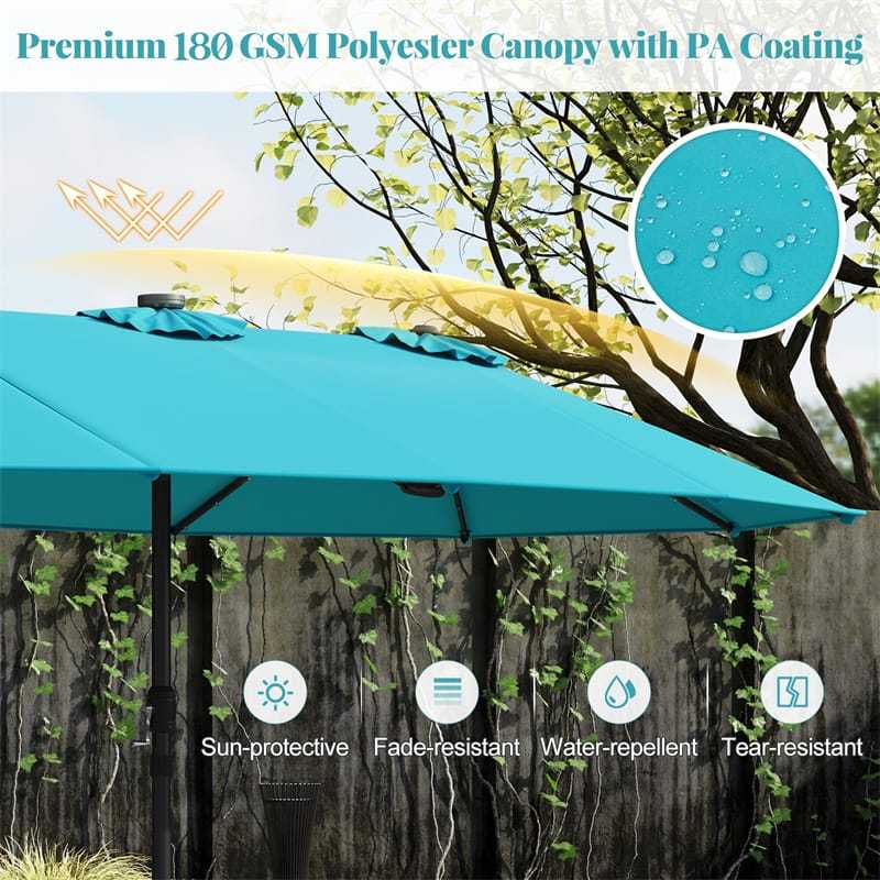 15FT Double-Sided Patio Umbrella with Base, 48 Solar LED Lights & Crank Handle, Extra Large Double Outdoor Umbrella for Poolside, Backyard