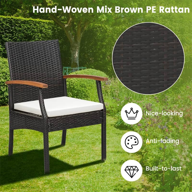 Patio PE Rattan Dining Chairs with Acacia Wood Armrests, Soft Zippered Cushions, Heavy-Duty Metal Frame Wicker Outdoor Armchairs for Balcony