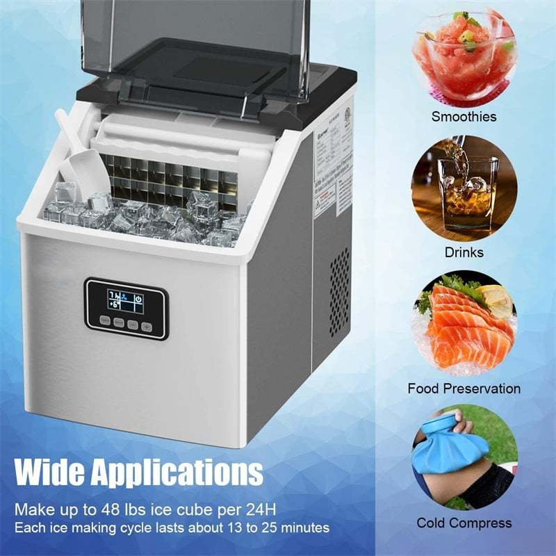 48LBS/24H Countertop Ice Maker, Portable Stainless Steel Ice Machine with Self-Cleaning, Timer Function, LCD Display, Ice Scoop Basket for Home Office