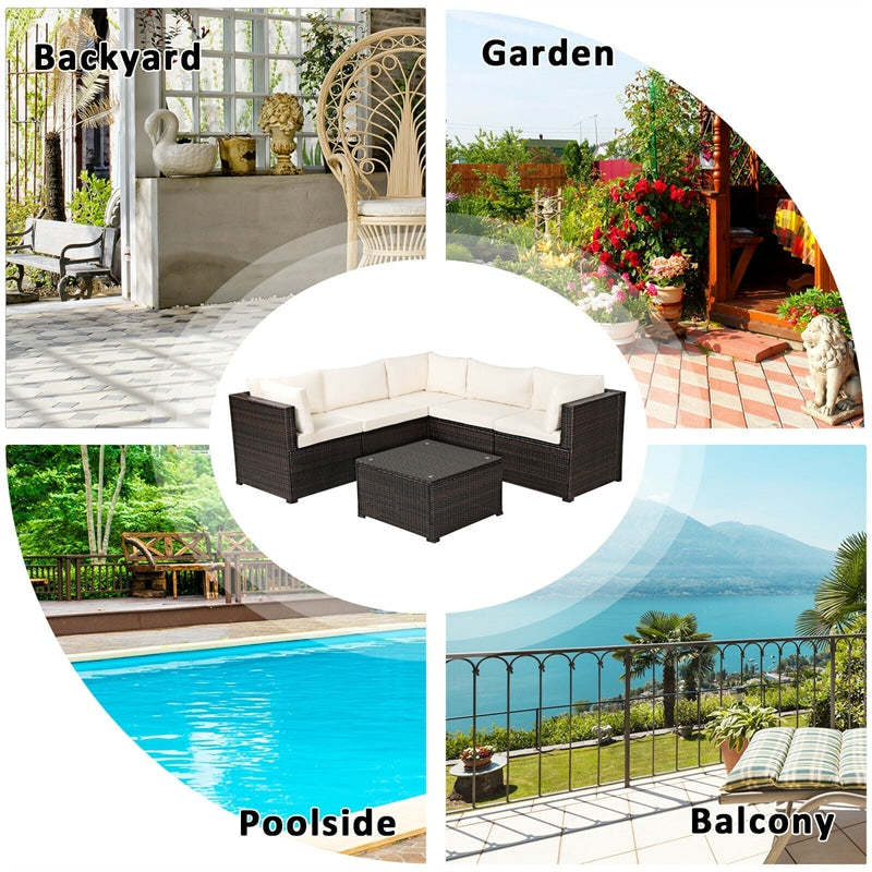 6 Pieces Patio Rattan Sofa Set Wicker Conversation Set with Glass Coffee Table & Cushions