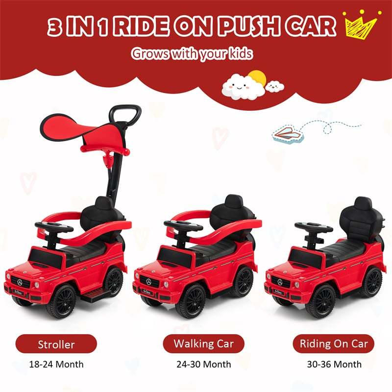 3-in-1 Push Car for Toddlers, Mercedes Benz G350 Stroller Sliding Car w/Canopy, Handle, Guardrail & Storage, Foot-to-Floor Ride-On Toy for Kids