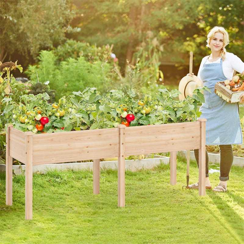 Raised Garden Bed, Elevated Wood Planter Box with Drainage Holes, 6 Supporting Legs, Divider Panel for Vegetables Flowers Herbs, Patio Yard