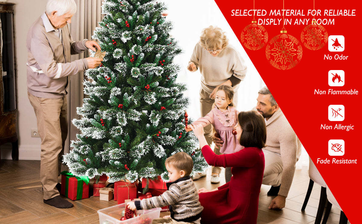 7ft Snow Flocked Higned Artificial Pencil Christmas Tree with Red Berries