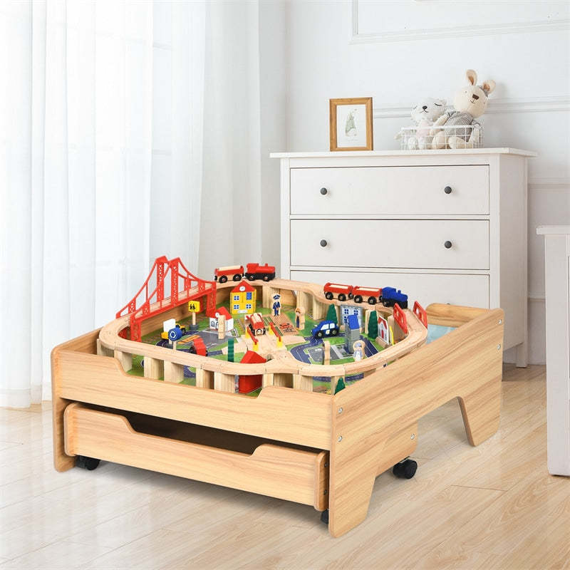 Wooden Kids Train Table with 100 Multicolor Pieces, Tracks & Storage Drawer, Activity Play Table Toddler Toy Train Table, Gift for Boys Girls