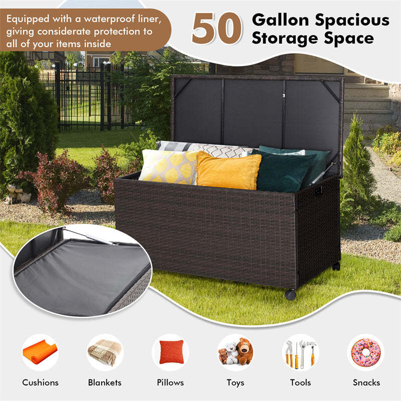 50 Gallon Wicker Deck Storage Box Patio Rattan Storage Container with 2 Universal Wheels & Zippered Liner