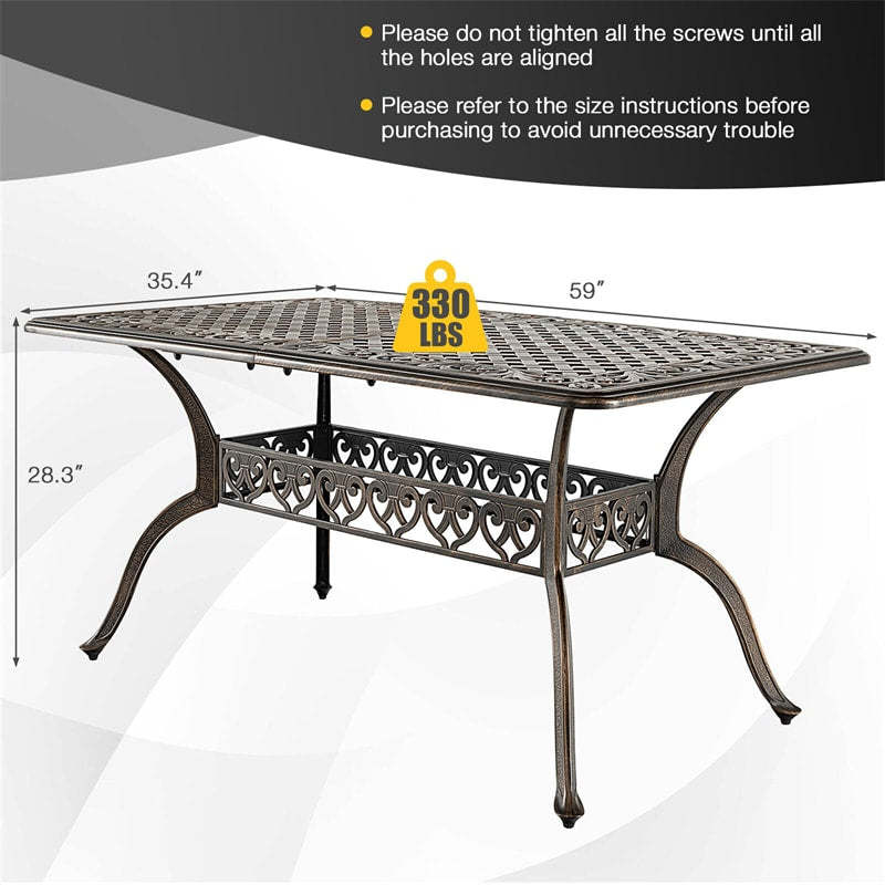 59" Cast Aluminum Outdoor Dining Table for 6-8 Person, All-Weather Rectangular Table with Umbrella Hole