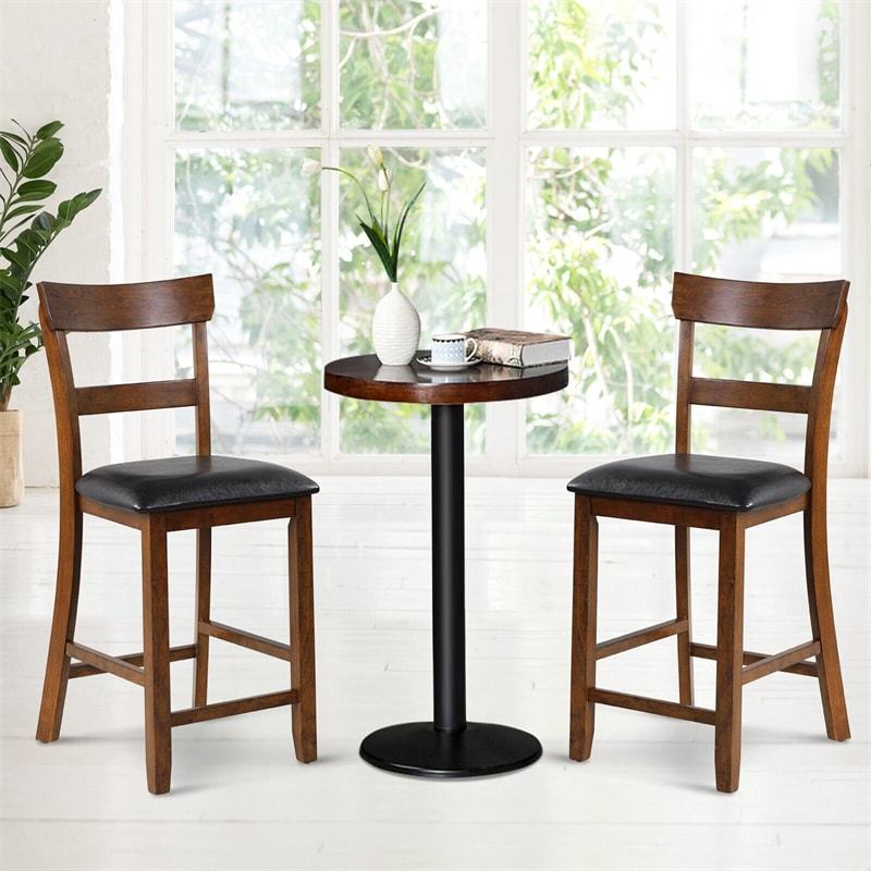 Counter Height Bar Stools Set of 2, Farmhouse 25.5" Rubber Wood High Dining Chairs Counter Stools with Backs & Leather Cushions for Kitchen Bistro