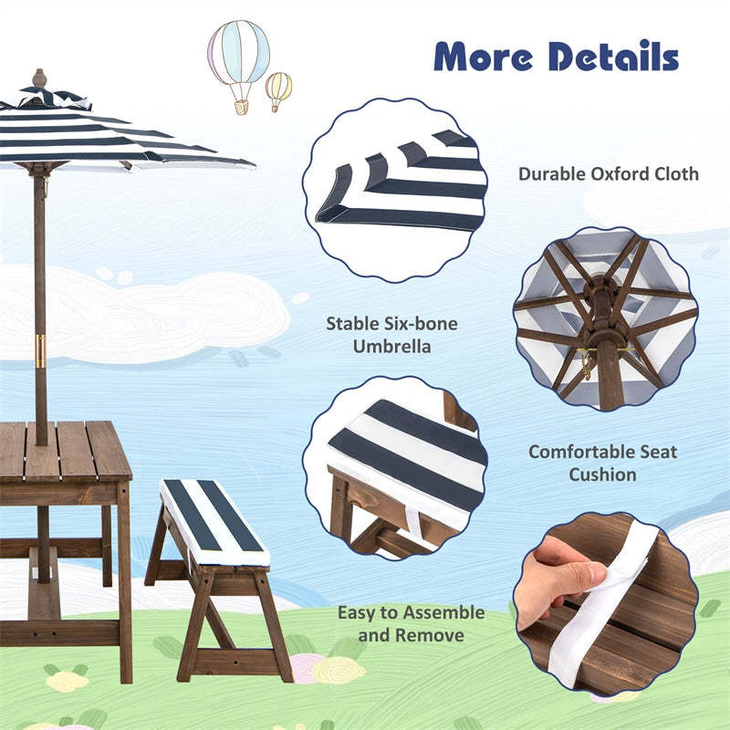 Kids Wooden Picnic Table with Benches, Adjustable Umbrella & Removable Cushion, Outdoor Toddler Furniture Set for Patio Garden Backyard, Ages 3+