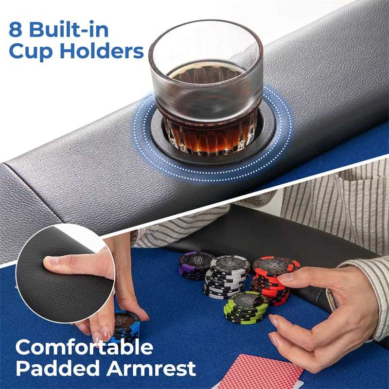 8-Player Poker Table, Foldable Card Board Game Table with Cup Holders, Casino-Grade Felt, Portable Texas Holdem Table for Blackjack Casino Games