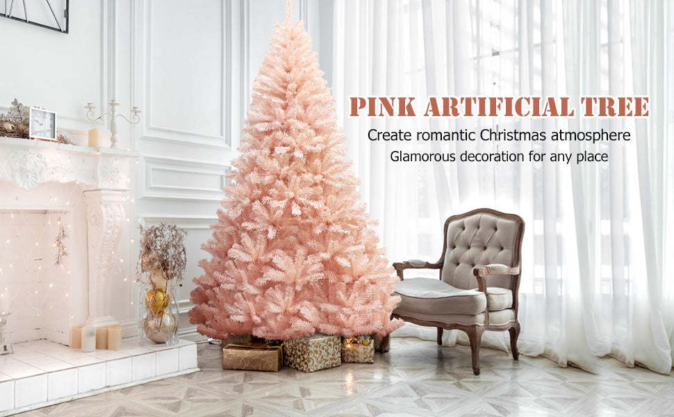 7FT Pink Artificial Christmas Tree Unlit Hinged Spruce Full Xmas Tree with Metal Stand for Indoor & Outdoor Use