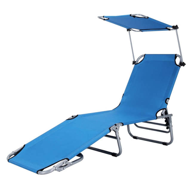 Folding Beach Lounge Chair, Outdoor Sun Lounger with Canopy, Adjustable Backrest & Side Pocket, Portable Tanning Chair with for Patio, Poolside