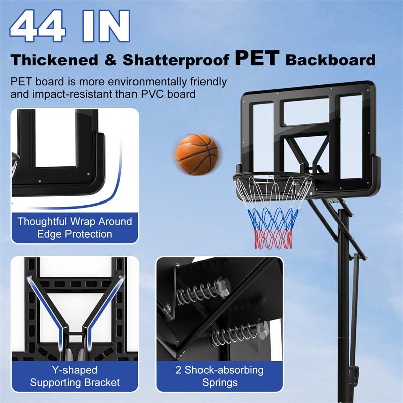 Portable Basketball Hoop, 8-10Ft Height Adjustable Basketball Goal Stand System with 44" Shatterproof Backboard & Weight Bag for Indoor Outdoor Use
