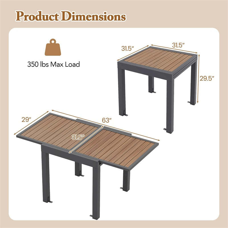 31.5"-63" Extendable Patio Table, Aluminum Outdoor Dining Table for 4-6 People with L-Shaped Braces for Porch, Yard, Poolside
