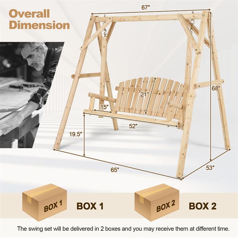 770lbs A-Frame Wooden Patio Swing with Stand, Reinforced Bars & Curved Back, Rustic Torched Log Porch Swing for Garden, Backyard