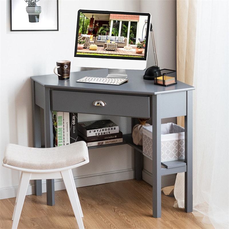 Corner Desk Triangle Computer Desk Laptop Writing Table Workstation Vanity Desk with Drawers & Storage Shelves