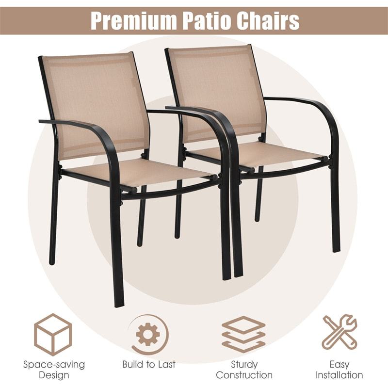 Set of 2 Patio Dining Chairs Outdoor Stackable Lawn Chairs with Armrests & Breathable Fabric