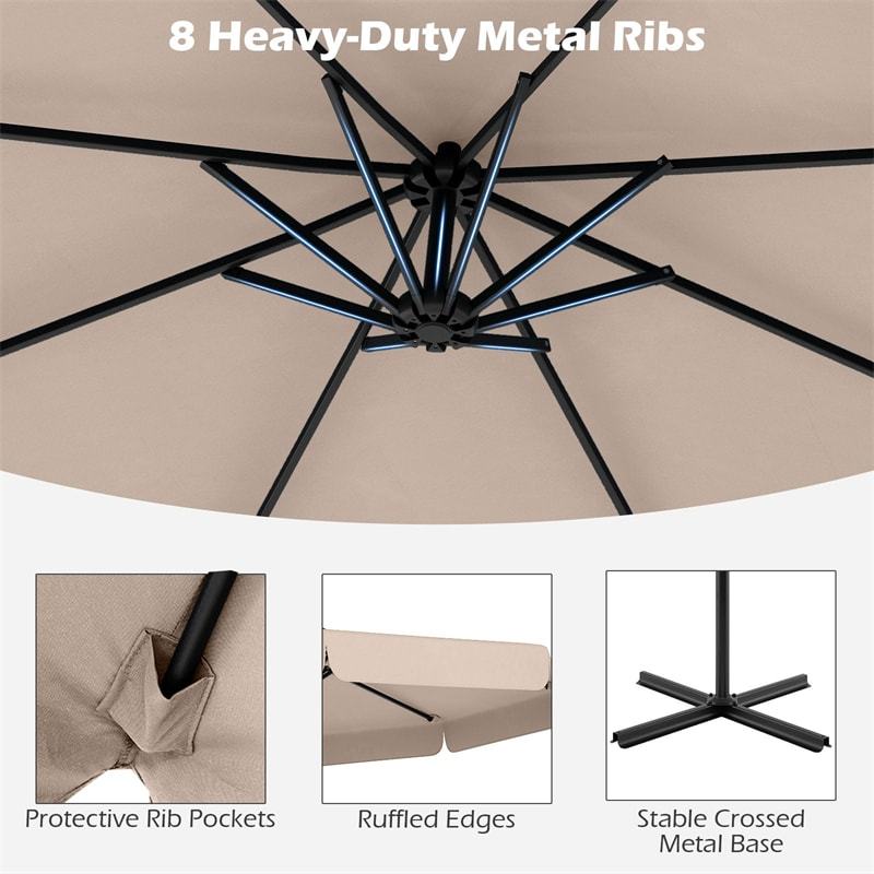 10FT Offset Cantilever Umbrella with Cover, Tilt Adjustment & Crank, 8-Rib Heavy-Duty Vented Ruffled Patio Umbrella for Poolside/Garden/Deck