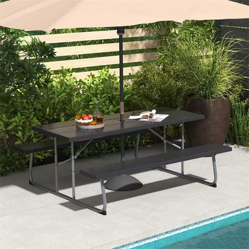 8-Person 6FT Folding Picnic Table & Bench Set, Heavy Duty All-Weather HDPE Outdoor Dining Table with Umbrella Hole & 2 Built-in Benches
