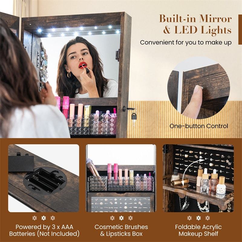 360° Swivel Jewelry Cabinet Armoire, Full-Length Mirror with LED Lockable Jewelry Organizer, Hairdryer Holder, Drawer, Rear Storage Shelves