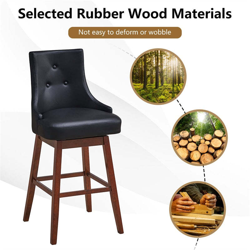 Set of 2 Swivel Bar Stools 29" Pub Height Upholstered Bar Stools with Button Tufted Backrest & Rubber Wood Legs