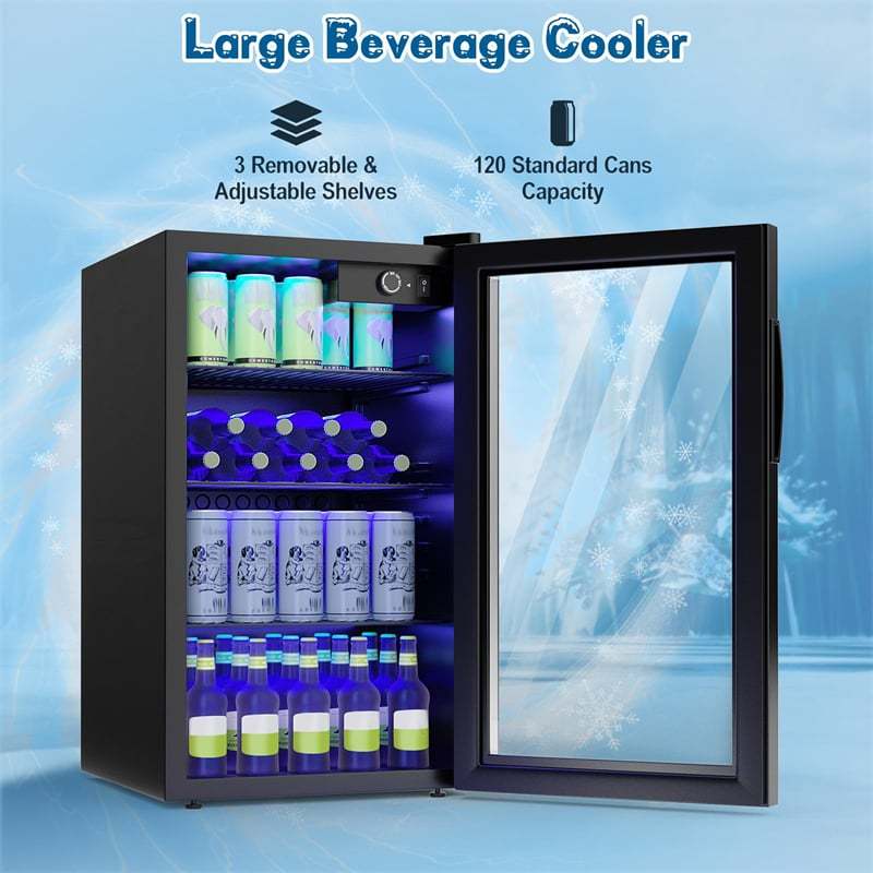 120-Can Mini Beverage Fridge, Freestanding Beverage Refrigerator w/2-Layer Glass Door & Removable Shelves, Beer/Wine/Soda Cooler for Home, Office, Bar