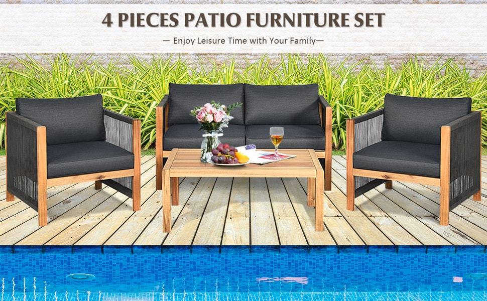 4 Piece Outdoor Acacia Wood Patio Conversation Sofa Set with Coffee Table & Cushions