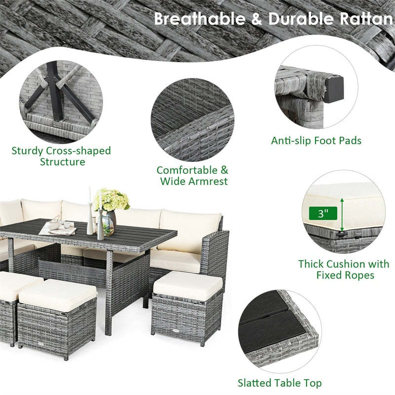7 PCS Rattan Patio Dining Furniture Sectional Sofa Set with Wicker Ottomans