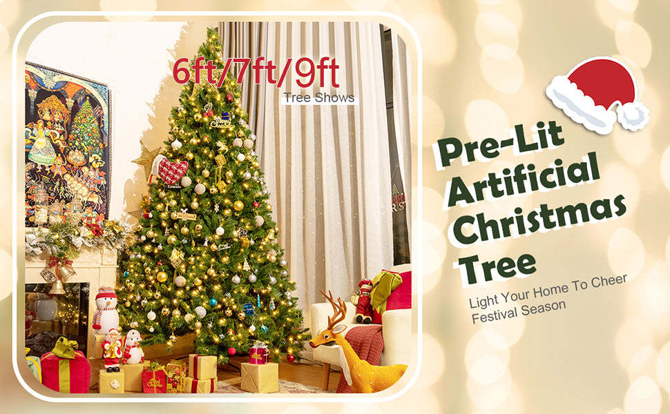 Pre-Lit Hinged Artificial Christmas Tree with PVC Branch Tips LED Lights