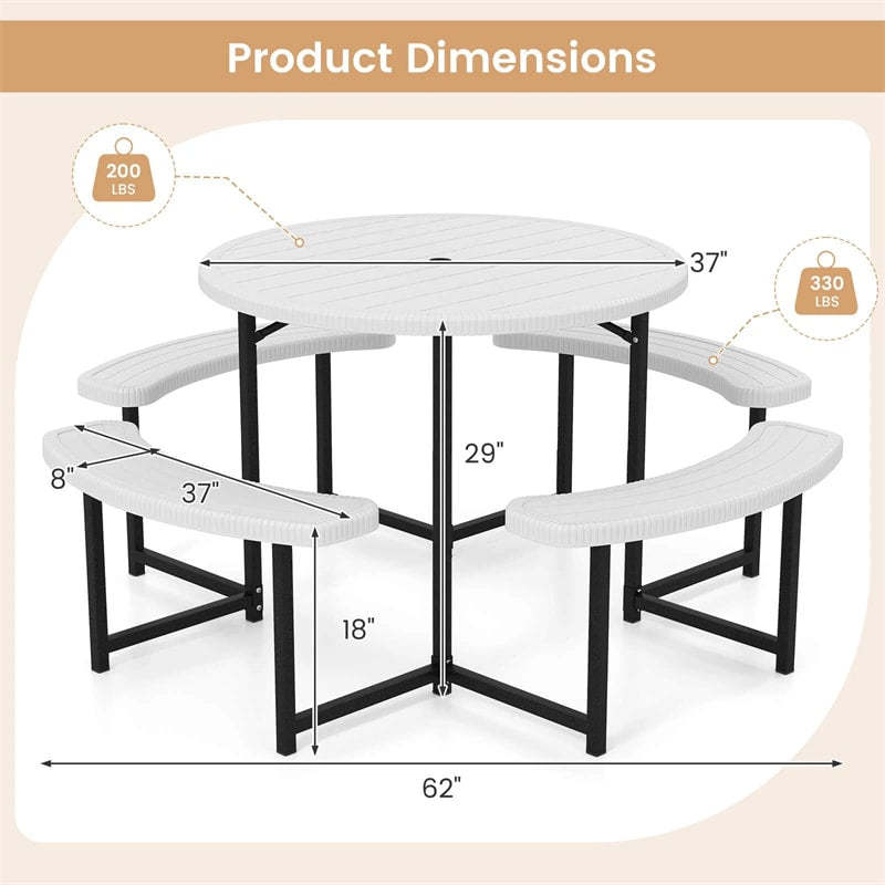 8 Person Round Outdoor Picnic Table Bench Set with Umbrella Hole, HDPE Tabletop, Metal Frame & 2000lbs Capacity for Patio, Garden, Lawn