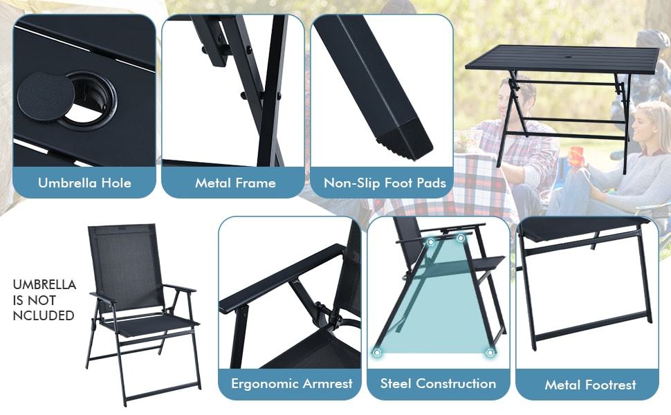 5 Piece Patio Dining Furniture Set Folding Table Chair Set with Umbrella Hole