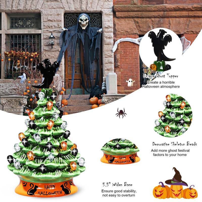 11.5 Inch Hand-Painted Green Tabletop Ceramic Halloween Tree with 12 Built-in Lights