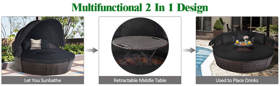 Round Patio Wicker Rattan Outdoor Daybed with Retractable Canopy - Brown