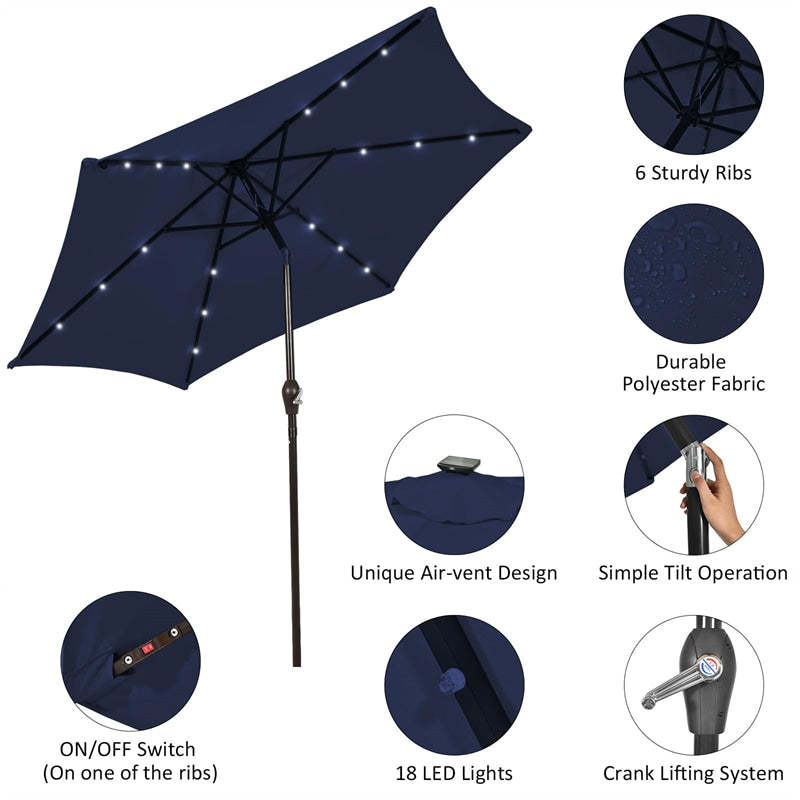10FT Solar LED Patio Umbrella, Outdoor Steel Market Umbrella with 24 Lights, Crank & Tilt Adjustment for Backyard, Poolside, Garden